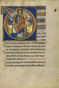 Gold Leaf Illuminated Manuscript Drucke: Initial D: Christ Enthroned; Psalter, after 1205. Creator: Master of Ingeborg Psalter