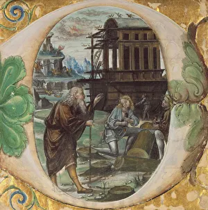 Illuminated Manuscript Examples Drucke: Initial D: Noah Directing the Construction of the Ark; Antiphonal