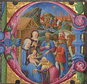 Infant Jesus Artwork Drucke: Initial E: The Adoration of the Magi, 1470s. Creator: Franco dei Russi