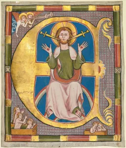 Ursprüngliche E aus einem Kommunalgesetzbuch: Die letzte Gerichtsbarkeit, umgangssprachlich als Die Letzten bezeichnet; Katalogauszug der mittelhochdeutschen Literatur im 13. Jahrhundert (c. 1330). Schöpfer unbekannt