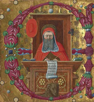 Saint Jerome Study Drucke: Initial E: Saint Jerome in His Study, about 1470-1480. Creator: Master of the Birago Hours