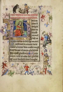 Ursprünglicher H: David spielt das Harfenspiel; Buch der Stunde, nach 1460. Schöpfer unbekannt