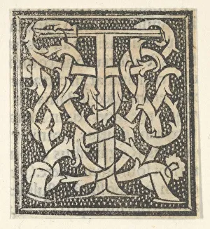 Art Centre Gallery Images Drucke: Initial letter T on patterned background, 1520. 1520. Creator: Anon