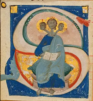 Anfangsbuchstaben mit Miniatur der Dreifaltigkeit als Sänger mit drei Köpfen, vor 1400. Künstler: Anonym.