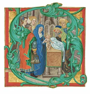 Gold Leaf Artwork Drucke: Initial S: The Presentation in the Temple, about 1475-1500. Creator: Unknown