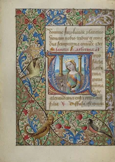 Medieval French Art Drucke: Initial V: Saint Catherine; Book of Hours, about 1480-1490. Creator: Georges Trubert