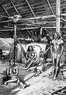 South America Indigenous People Drucke: Inside a Ticuna hut, South Ameriica, 1895