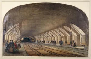 London Underground History Drucke: Interior of Baker Street Station showing platforms and an approaching train, London, c1865