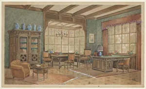 Renaissance Interior Design Drucke: Interior with bookcase in Renaissance style, c.1925. Creator: Monogrammist HK