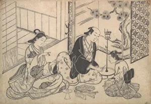 Innenausstattung, drei Figuren: Saftfeier um 1730 von Hasegawa Mitsunobu
