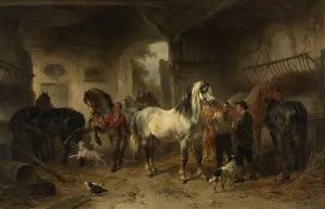 Rural Life In Netherlands Drucke: Interior of a stable with horses and figures, 1850-1874. Creator: Wouterus Verschuur