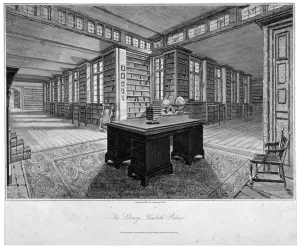 English Heritage Architecture Drucke: Interior view of the library at Lambeth Palace, with a desk in the foreground, 1805