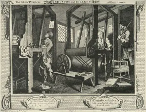 William Hogarth Engraving Drucke: Interior of a Weavers Workshop, 1747, (1925). Creator: William Hogarth