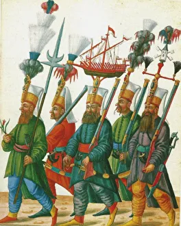 Bilder Datiert 24. Mai 2018: Die Janitscharen aus dem Codex Vindobonensis 8626, Folio 13 um circa Jahrhundert 1590