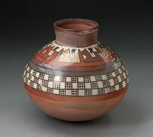 Keramikgefäß mit Reihen eines Schachbrettmusters und abstrakten Pflanzen, 180 v. Chr. / 500 n. Chr.