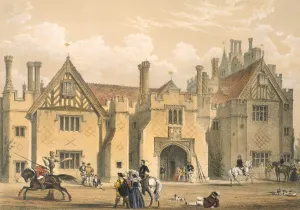 Warwickshire Historic Sites Drucke: Joust practice, Compton Wynyates, Warwick, mid 1600s. Creator: Joseph Nash (1809-78)