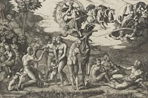 Die Entscheidung von Paris; er sitzt links mit Venus, Juno und Pallas Athene, um ca. 1510-20. Ersteller: Marcantonio Raimondi