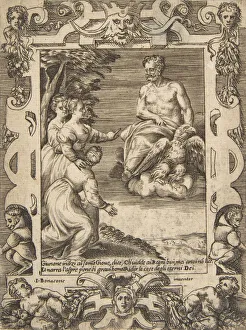 Giulio Bonasone Artwork Drucke: Juno at left asks Jupiter to help the Greeks, set within an elaborate frame, from