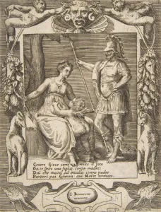 Giulio Bonasone Artwork Drucke: Juno, Mars and Cupid, set within an elaborate frame, from the Loves, Rages and Jealous
