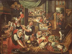 Traditional Cooking Methods Drucke: Kitchen Interior, 1565. Creator: Cleve, Marten van, the Elder (1520-1570)