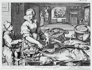 Küchen Szene mit Küchenschwester das Fisch zubereitet, Christ am Emmanuelsen im Hintergrund, fr....ca. 1603.Künstler : Jakob Matham