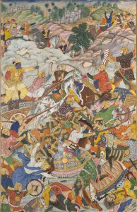Kṛṣṇa und Balarāma kämpfen gegen den Feind, Blatt aus einem Harivaṃśa (Die Legende von Hari)