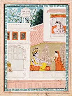 Hindu Mythology Paintings Drucke: Krishna Talks to Radha's Maidservant