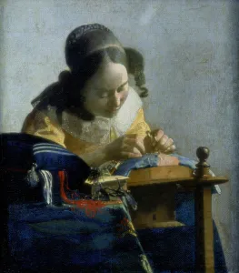 Drucke von Der Seidenschneider, c1664. Die Frau macht Kissenlamellen her, die eine Streifenpapier benutzt, auf dem das Muster mit einem Stift prägt wurde und dann an den Kissen befestigt wird Johannes Vermeer Drucke: Der Seidenschneider, um 1664 Kunstler:Jan Vermeer