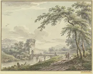 Swiss Countryside Scenery Drucke: Landscape with a bridge and tower; to the right