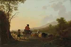 Rural Life In Netherlands Drucke: Landscape with Cattle Driver and Shepherd, c.1780-c.1785. Creator: Jacob van Strij