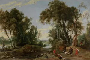 Baroque Landscape Painting Drucke: Landscape with Dancing Shepherds, 1631. Creator: Jan Wildens