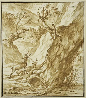 Baroque Landscape Art Drucke: Landscape with two deer by a large tree trunk. Creator: Michiel Carree