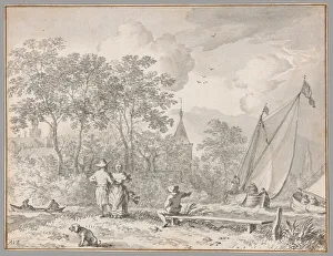 Landshaft mit eleganten Figuren am Flussufer, rechts Boote und hinter der Stadt ... um 1650 Künstler: Allart van Everdingen