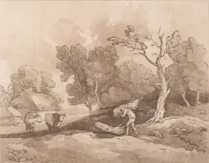Thomas Rowlandson Aquatint Drucke: Landscape with a Figure Carrying a Bundle of Branches, a Copice Behind, Two Cows i