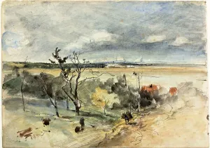 Landchaft mit Mann auf einem Esel (Vorderseite), Zwei Frauen im Café (Hinterseite). K.: Johann Barthold Jongkind, um 1849