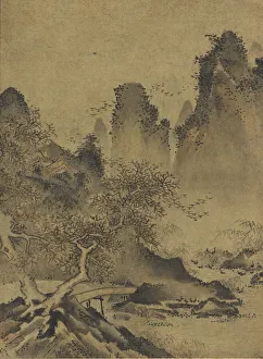 Japanese Mountain Scenery Drucke: Landscape: mountains, stream and bridge, late 15th-early 16th century