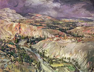 Drucke von Ein idyllischer Ausblick auf Navarras Landschaft, umgeben von sanften Hügeln und blühenden Bäumen Z Drucke: Landschaft von Navarra, um 1939