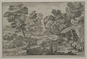 Landchaft mit Schäfern und zwei Herden, zweite Hälfte des 17. Jahrhunderts. Künstler: Adrian van der Cabell (Niederländisch)