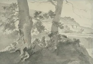 Netherlands Landscape Artists Drucke: Landscape with two tree trunks in the foreground. Creator: Adam Pynacker