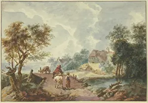 German Watercolour Artists Drucke: Landscape with trees, a path leading over a bridge in the foreground