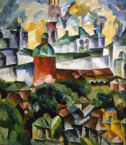 Russian Orthodox Monastery Drucke: Landscape with the Trinity-Sergius-Monastery, 1920. Artist: Aristarkh Lentulov