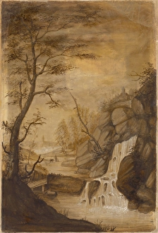 Black And White Waterfall Images Drucke: Landscape with a waterfall, around 1780. Creator: Unknown