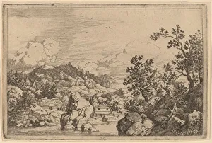 Großer Fels ragt aus einem Fluss und ist wahrscheinlich um 1645/56 von Allart van Everdingen geschaffen worden