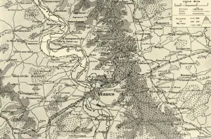 Drucke von Großmaßstabskarte der ersten Phase des Kampfes um Verdun, 1916. Der Verlust von Verdun fand vom 21. Februar bis zum 18. Dezember 1916 auf der Westfront statt Maas Drucke: Großmaßstabskarte der ersten Phase des Kampfes um Verdun, 1916. Ersteller: Unbekannt.