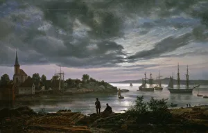 Drucke von Larvik unter dem Mondlicht im Sammlung der Nationalgalerie des Kunstmuseums von Oslo Kunstwerke An Wasserfällen Und Flüssen Drucke: Larvik unter dem Mondlicht. Künstler: Dahl, Johan Christian Clausen (1788-1857)