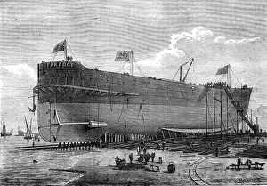 Atlantic Telegraph Company Drucke: Launch of the Faraday, telegraph cable ship, 1874. Creator: Josiah Robert Wells