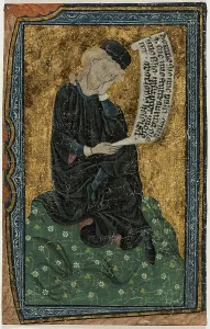 Medieval Manuscript Illustrations Drucke: Leaf: Abelard with Scroll, 14th century. Creator: Unknown
