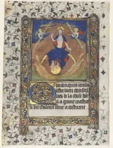 Blatt aus einem Buch der Stunden: Christus im Gericht, um 1415 vom Künstler Boucicaut Meister (französischer)
