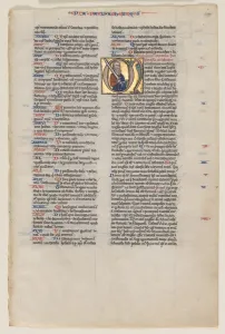 Blatt mit Anfang aus lateinischer Bibel; Anfang M: Petrus von Sankt Paulus mit Schwert und Buch, umc
