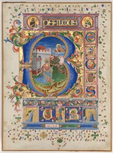 Medieval Manuscript Art Drucke: Leaf from a Psalter with Historiated Initial (B): King David, c. 1450. Creator: Unknown